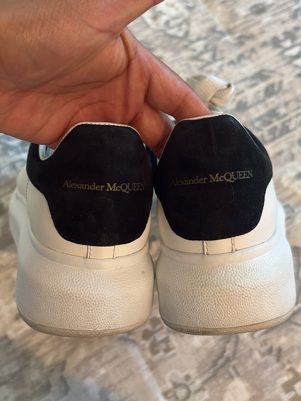 Alexander McQueen White Sneakers with Black Heel Patch and Gold Logo